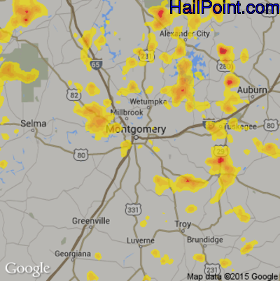 Hail Map for Montgomery, AL Region on June 15, 2017