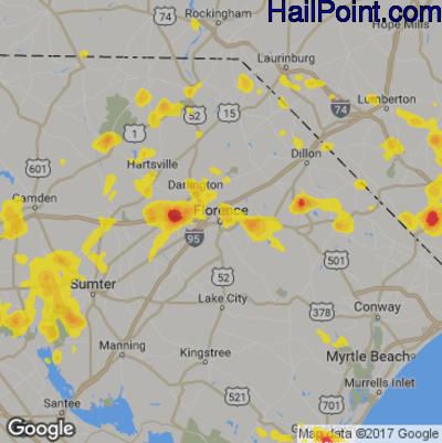 Hail Map for Florence, SC Region on June 15, 2017