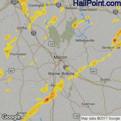 Hail Map for Macon, GA Region on June 15, 2017