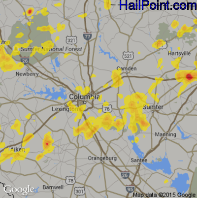 Hail Map for Columbia, SC Region on June 15, 2017