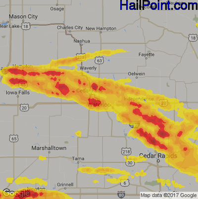 Hail Map for Waterloo, IA Region on June 15, 2017