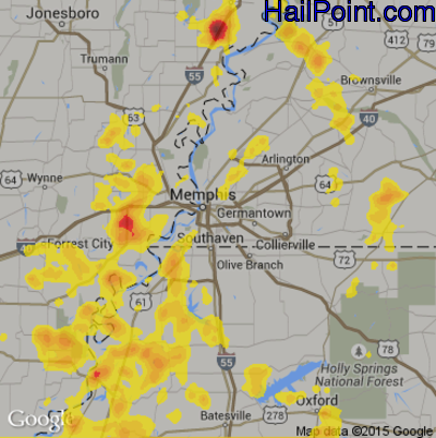 Hail Map for Memphis, TN Region on June 16, 2017 