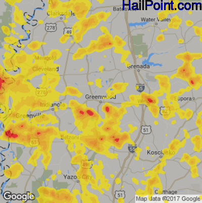 Hail Map for Greenwood, MS Region on June 16, 2017