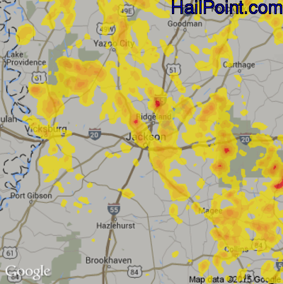 Hail Map for Jackson, MS Region on June 16, 2017