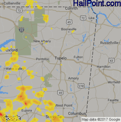 Hail Map for Tupelo, MS Region on June 16, 2017 