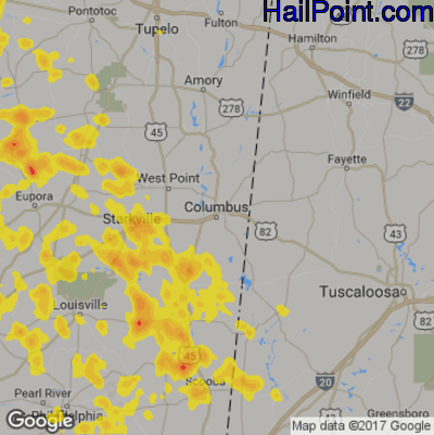 Hail Map for Columbus, MS Region on June 16, 2017