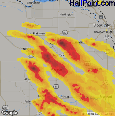 Hail Map for Norfolk, NE Region on June 16, 2017