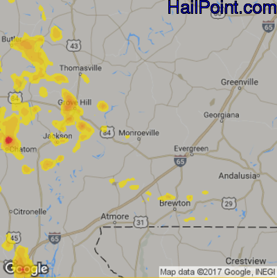 Hail Map for Monroeville, AL Region on June 16, 2017