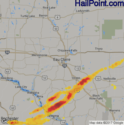 Hail Map for Eau Claire, WI Region on June 16, 2017