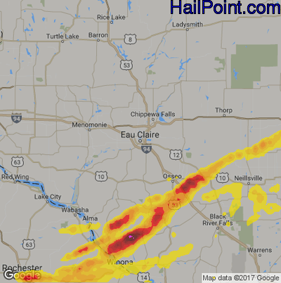 Hail Map for Eau Claire, WI Region on June 16, 2017