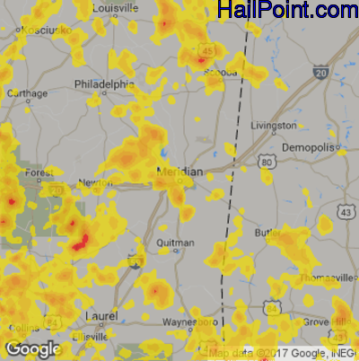 Hail Map for Meridan, MS Region on June 16, 2017