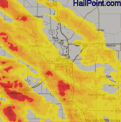 Hail Map for Omaha, NE Region on June 16, 2017
