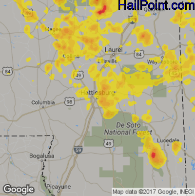 Hail Map for Hattiesburg, MS Region on June 16, 2017
