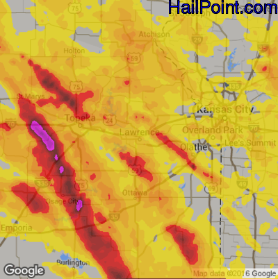 Hail Map for Lawerence, KS Region on June 17, 2017