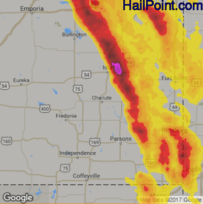 Hail Map for Chanute, KS Region on June 17, 2017