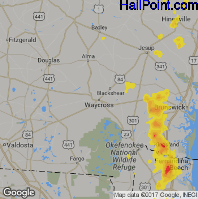 Hail Map for Waycross, GA Region on June 17, 2017 