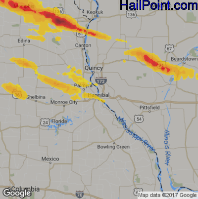 Hail Map for Hannibal, MS Region on June 17, 2017