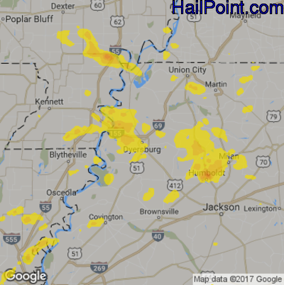Hail Map for Dyersburg, TN Region on June 18, 2017
