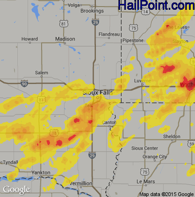 Hail Map for Sioux Falls, SD Region on June 28, 2017
