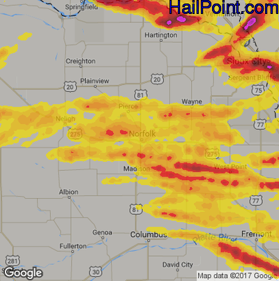 Hail Map for Norfolk, NE Region on June 29, 2017