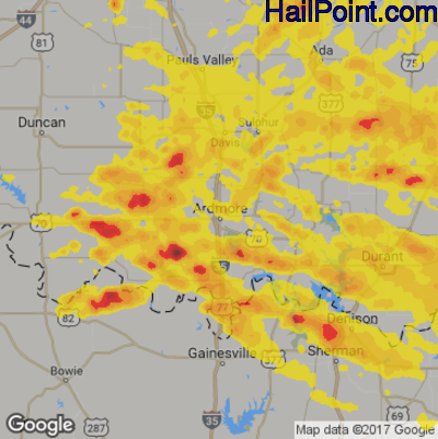 Hail Map for Ardmore, OK Region on July 2, 2017 