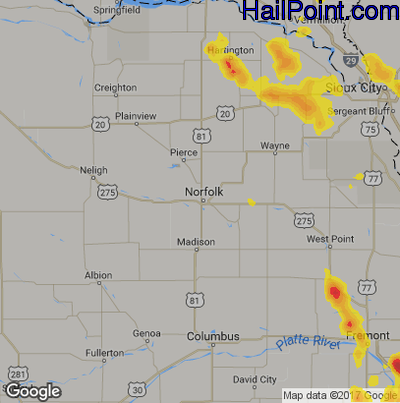 Hail Map for Norfolk, NE Region on July 3, 2017 
