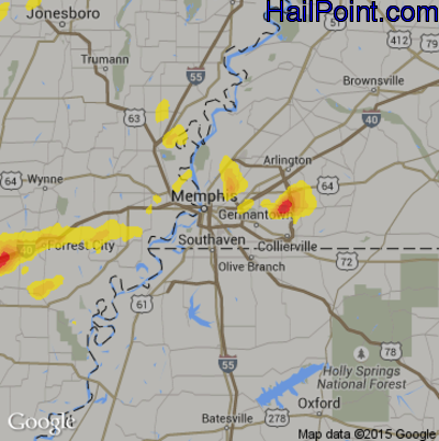 Hail Map for Memphis, TN Region on July 4, 2017