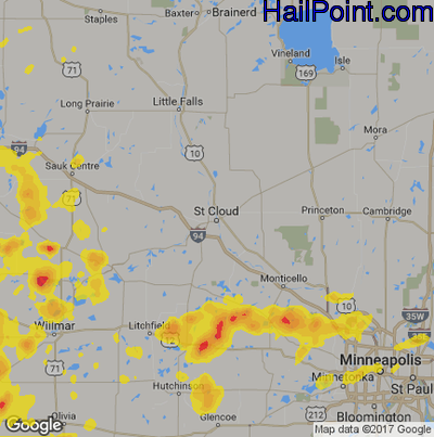 Hail Map for St Cloud, MN Region on July 4, 2017
