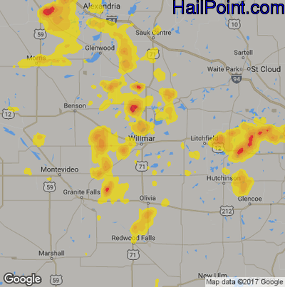 Hail Map for Willmar, MN Region on July 4, 2017 
