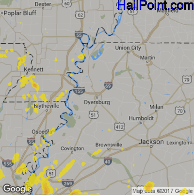 Hail Map for Dyersburg, TN Region on July 4, 2017