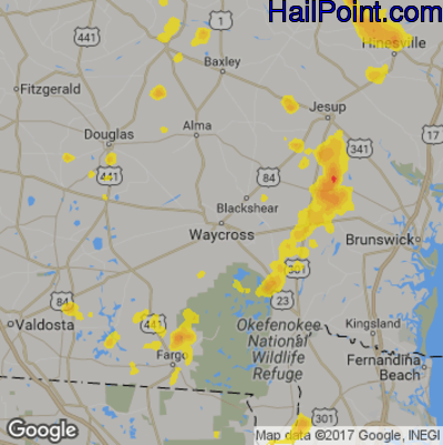 Hail Map for Waycross, GA Region on July 5, 2017