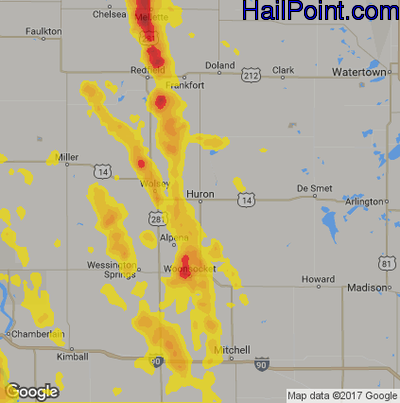 Hail Map for Huron, SD Region on July 6, 2017 
