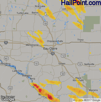 Hail Map for Eau Claire, WI Region on July 6, 2017