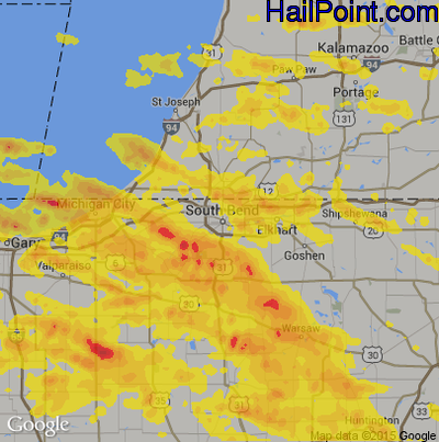 Hail Map for South Bend, IN Region on July 7, 2017