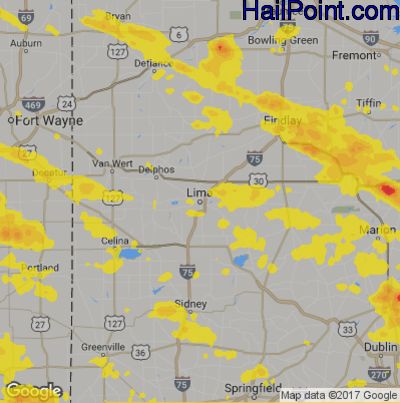 Hail Map for Lima, OH Region on July 7, 2017