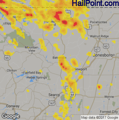Hail Map for Batestville, AR Region on July 8, 2017 