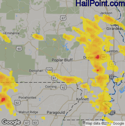 Hail Map for Poplar Bluff, MO Region on July 8, 2017 