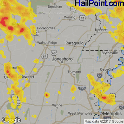 Hail Map for Jonesboro, AR Region on July 8, 2017