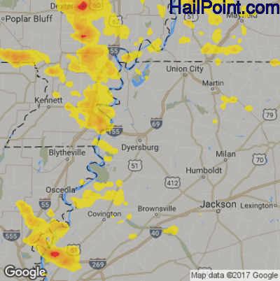 Hail Map for Dyersburg, TN Region on July 8, 2017
