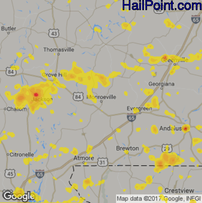 Hail Map for Monroeville, AL Region on July 8, 2017