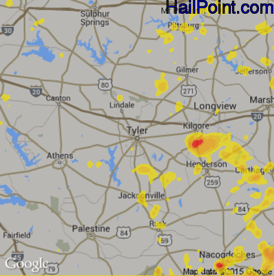 Hail Map for Tyler, TX Region on July 8, 2017