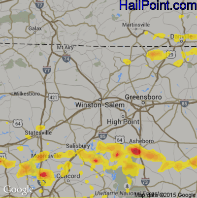 Hail Map for Winston-Salem, NC Region on July 8, 2017 