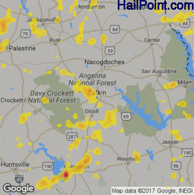 Hail Map for Lufkin, TX Region on July 9, 2017
