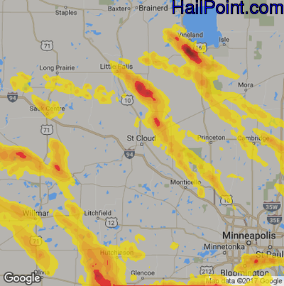 Hail Map for St Cloud, MN Region on July 10, 2017