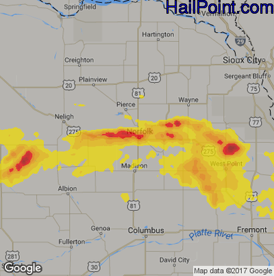 Hail Map for Norfolk, NE Region on July 11, 2017