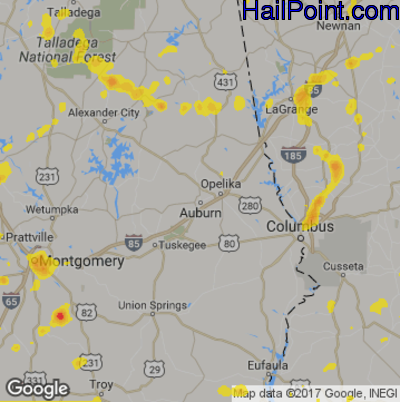 Hail Map for Auburn, AL Region on July 11, 2017