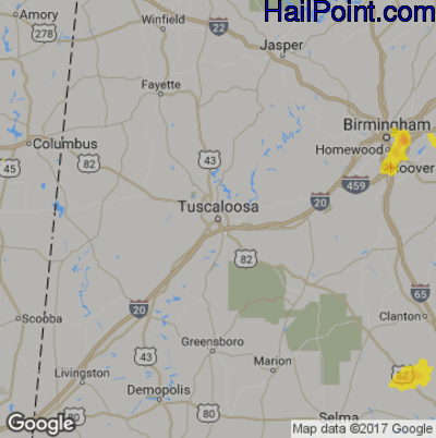 Hail Map for Tuscaloosa, AL Region on July 11, 2017