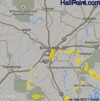 Hail Map for Birmingham, AL Region on July 11, 2017