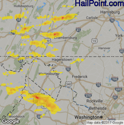 Hail Map for Hagerstown, MD Region on July 11, 2017