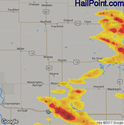 Hail Map for Huron, SD Region on July 11, 2017